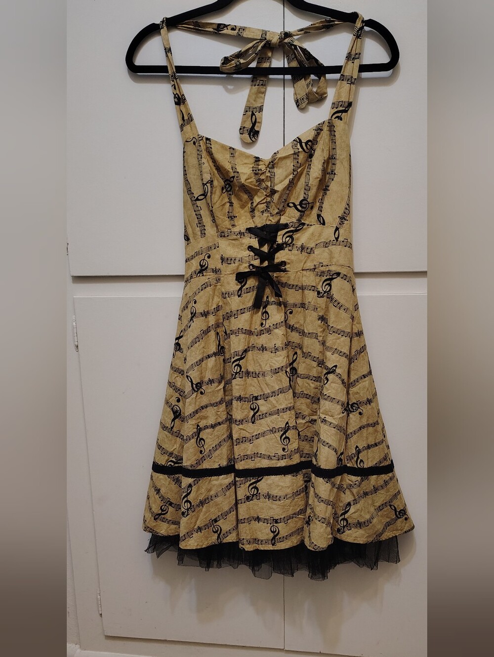 Hot Topic Music Note Halter Dress Size L Tan Sheet Music Rockabilly Corset Tulle